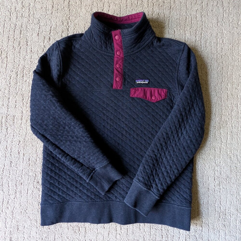 Patagonia Womens Small Organic Cotton Quilt Snap-T Pullover Sweatshirt Navy Blue